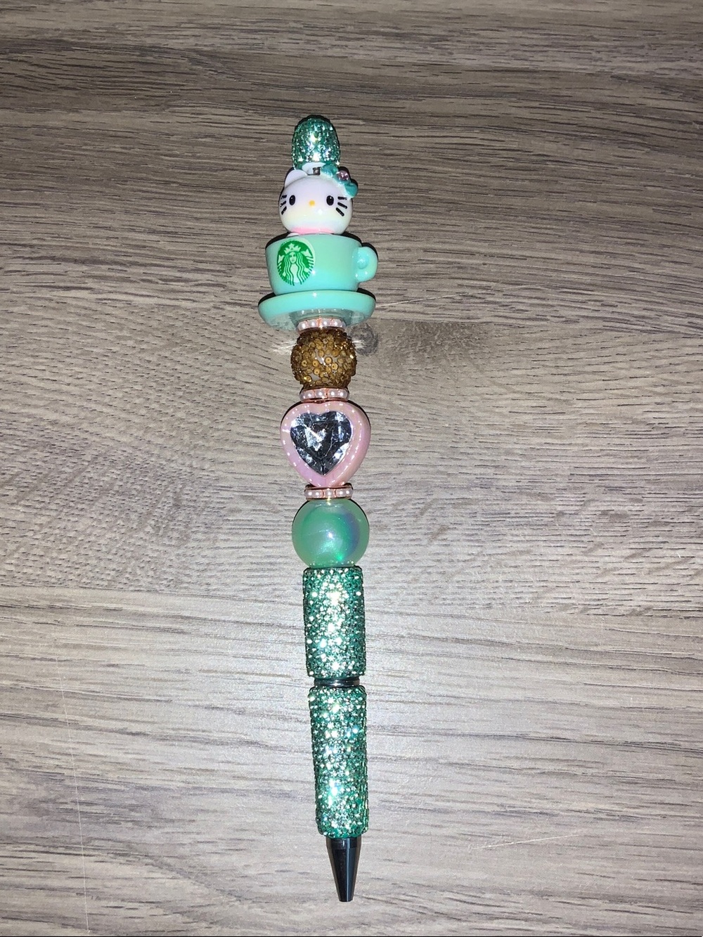 Hello Kitty Mint Green Glitter Beaded Pen